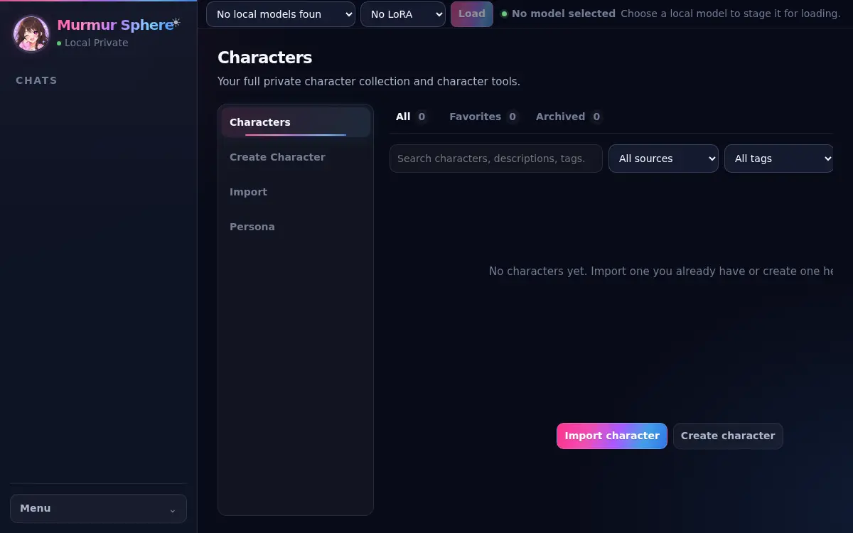 Synthetic Characters screen with create and import choices.