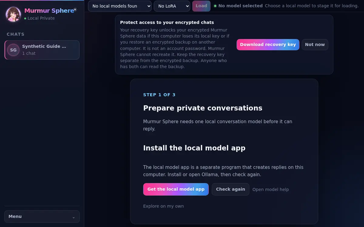 Murmur Sphere conversation workspace using a synthetic documentation character.