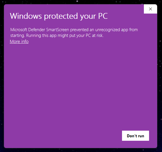 Windows protected your PC message with the More info link visible.