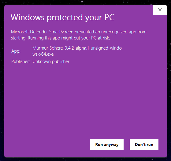 Windows protected your PC details showing Murmur Sphere, Unknown publisher, and the Run anyway button.
